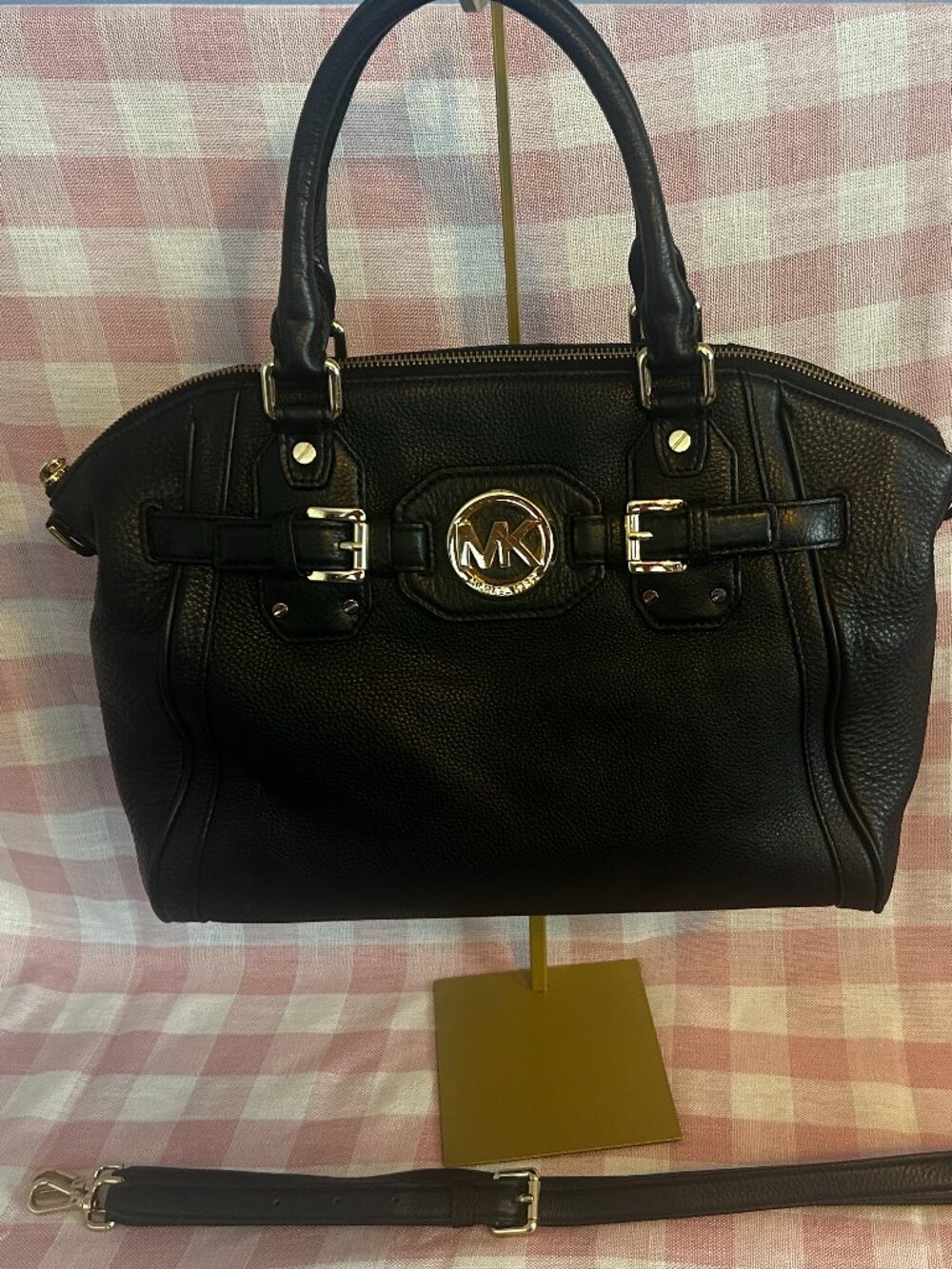 Michael Kors Black Pebbled Leather Satchel w/ Gold ton MK Logo – Excellent Condi